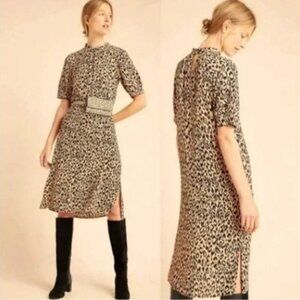 Anthropologie MacKenzie Leopard Black & Tan Short Sleeve Keyhole Slit Midi Dress